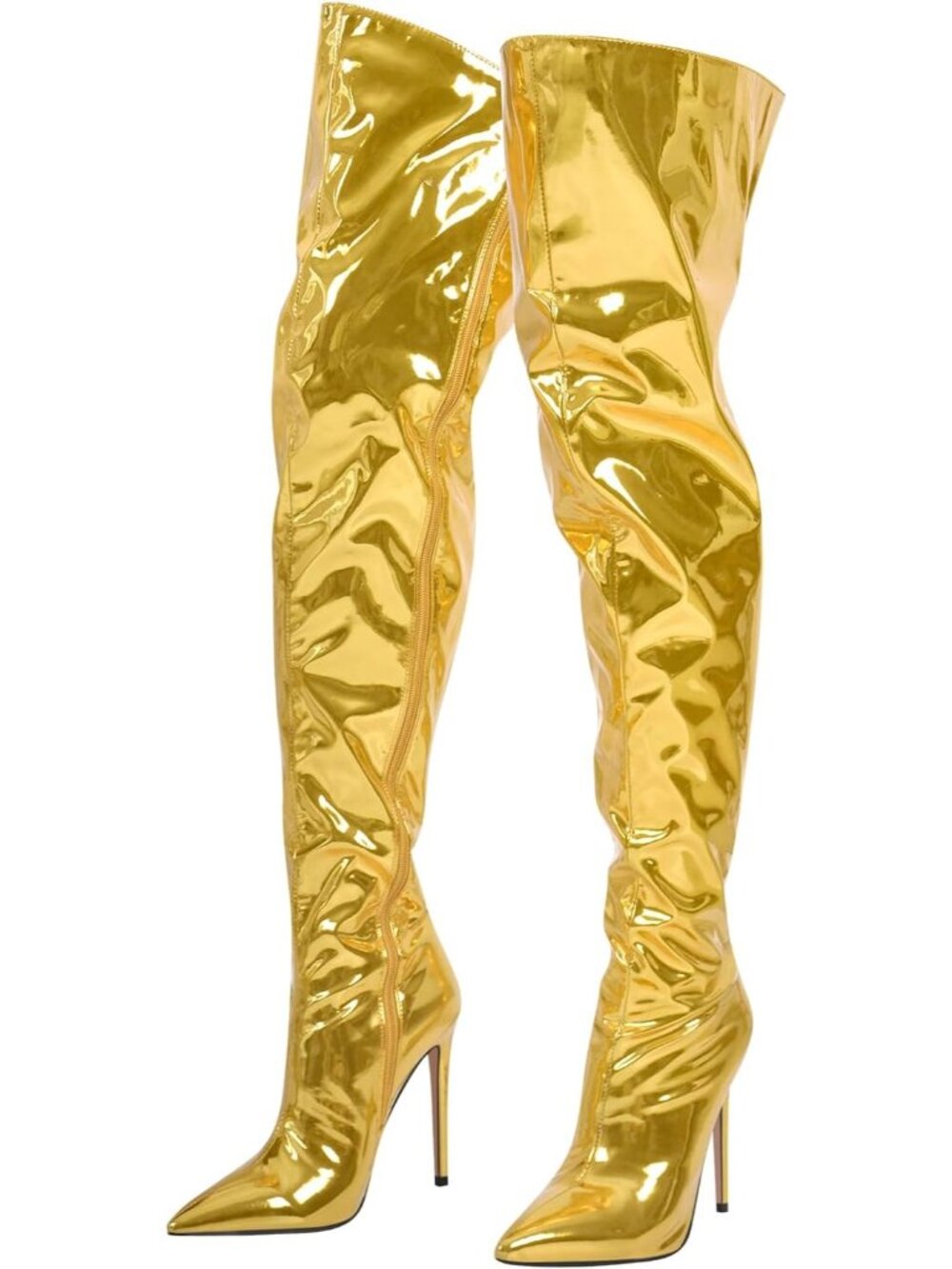 Women's Yellow Metallic Side Zipper Pointed Toe Thigh-High Stiletto Heel Boots